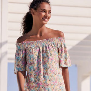 Floral Flute Sleeve Top With Linen - Allsport