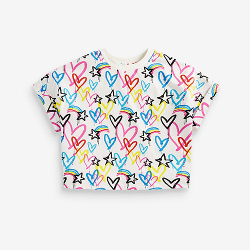Multi Graffiti Heart Print Boxy Shaped T-Shirt (3-12yrs) - Allsport