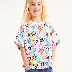 Multi Graffiti Heart Print Boxy Shaped T-Shirt (3-12yrs) - Allsport