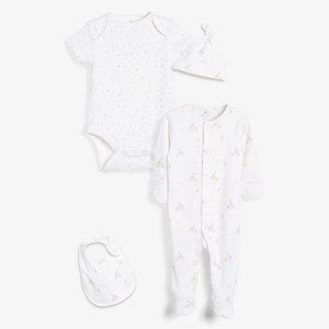 White Cotton Giraffe Sleepsuit, Bodysuit, Bib & Hat Set (0-3mths) - Allsport