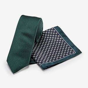 Green Geometric Tie And Pocket Square Set