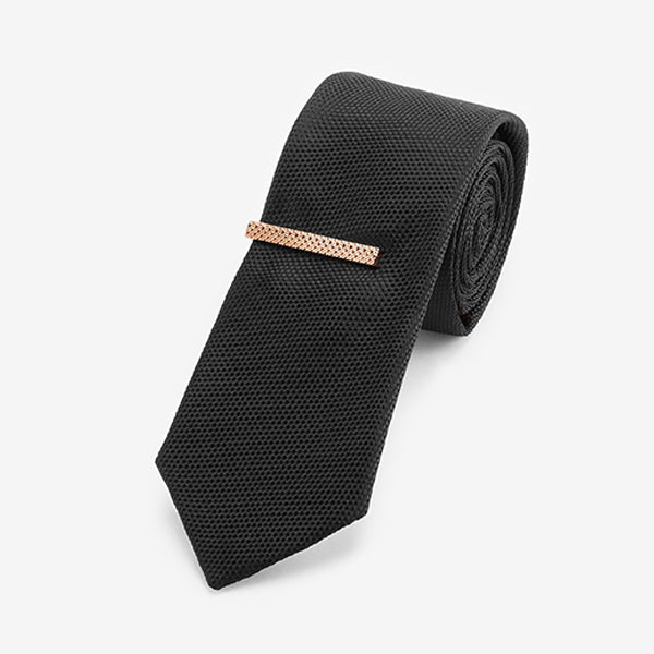 Black Textured Tie With Rose Gold  Tie Clip