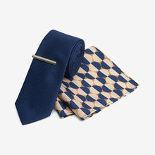Load image into Gallery viewer, Navy Blue Geometric Tie, Pocket Square And Tie Clip Set - Allsport

