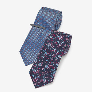 Steel Blue Fuchsia Floral 2 Pack Ties With Tie Clip