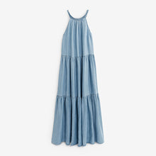 Load image into Gallery viewer, Blue TENCEL™ Plait Neck Tiered Midi Dress
