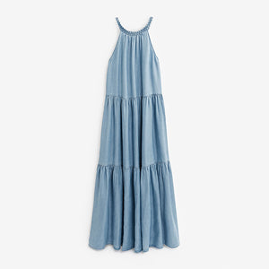 Blue TENCEL™ Plait Neck Tiered Midi Dress