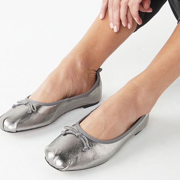Pewter Leather Signature Ruched Ballerina Shoes