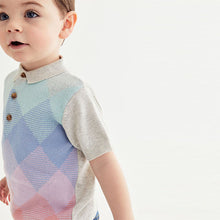 Load image into Gallery viewer, Grey/Blue Ombre Short Sleeve Argyle Pattern Knitted Polo Shirt (3mths-7yrs)
