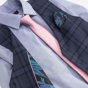 Navy Blue Check Waistcoat, Shirt & Tie Set (3-12yrs)