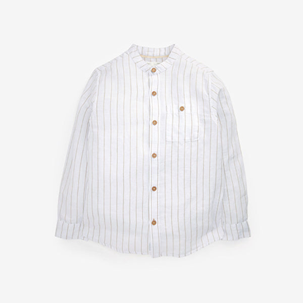 Ecru Stripe Long Sleeve Grandad Collar Linen Mix Shirt (3-12yrs)