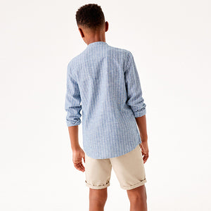 Blue Stripe Long Sleeve Grandad Collar Linen Mix Shirt (3-12yrs)