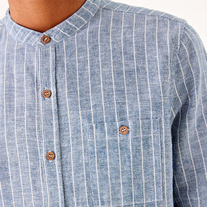 Blue Stripe Long Sleeve Grandad Collar Linen Mix Shirt (3-12yrs)