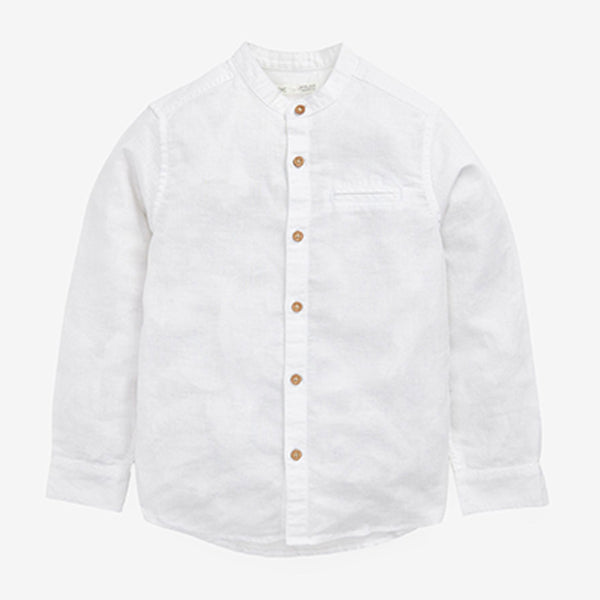 White Long Sleeve Grandad Collar Linen Mix Shirt (3-12yrs)