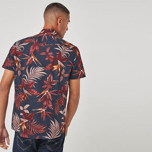 Burgundy Leaf Printed Short Sleeve Shirt