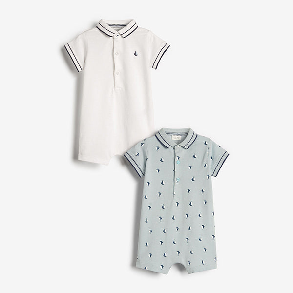 White/Blue Baby 2 Pack Rompers (0mths-18mths)