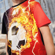 Load image into Gallery viewer, Black/Red Flame Football All Over Print T-Shirt (3-12yrs)
