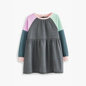 Black ColourBlock Raglan Denim Dress (3-12yrs)