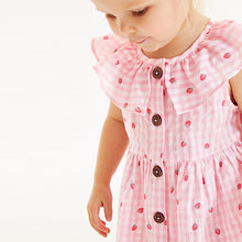 Load image into Gallery viewer, Pink Strawberry Gingham Sleeveless Frill Dress (3mths-6yrs)
