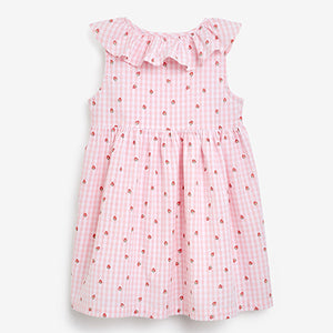 Pink Strawberry Gingham Sleeveless Frill Dress (3mths-6yrs)