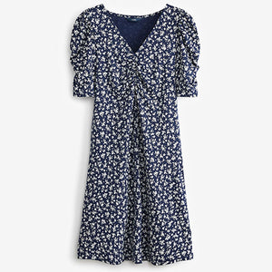 Navy Blue Ditsy Floral Short Sleeve Tea Dress