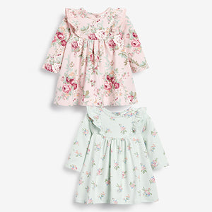 Pink/Green 2 Pack Short Sleeved Floral Baby Dresses (0mths-18mths)