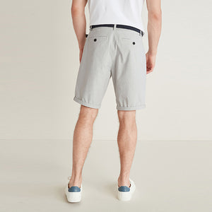 Grey Straight Fit Belted Chino Shorts With Stretch