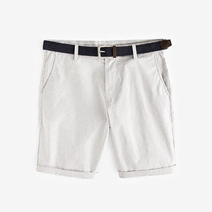 Grey Straight Fit Belted Chino Shorts With Stretch