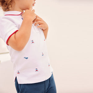 White / Navy Blue Boat Embroidery Polo And Shorts Set (3mths-5yrs)