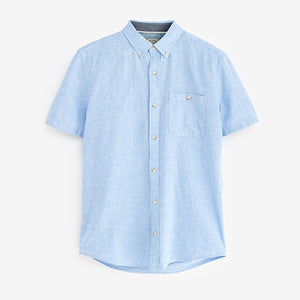 Light Blue Cotton Linen Blend Short Sleeve Shirt
