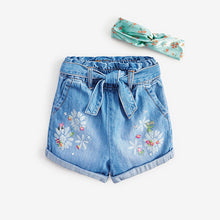 Load image into Gallery viewer, Blue Denim Paperbag Embellished Shorts With Headband (3-12yrs)
