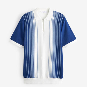 Ecru White/Blue Ombre Stripe Knitted Polo Shirt