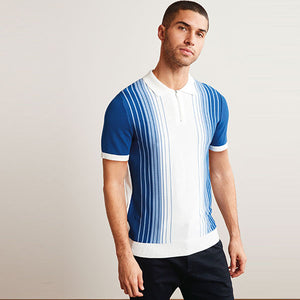 Ecru White/Blue Ombre Stripe Knitted Polo Shirt