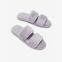 Load image into Gallery viewer, Grey Recycled Faux Fur Two Band Slider Slippers
