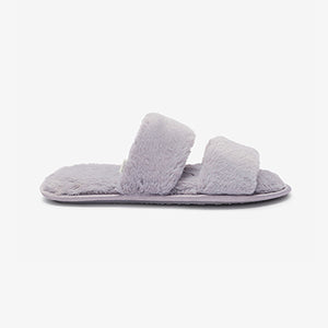 Grey Recycled Faux Fur Two Band Slider Slippers