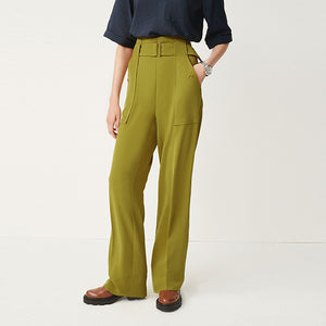 Olive Green Twill Cargo Wide Leg Trousers