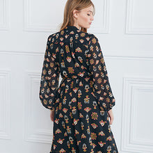 Load image into Gallery viewer, Black Floral Print Celia Birtwell Wrap Midi Dress
