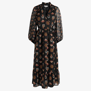 Black Floral Print Celia Birtwell Wrap Midi Dress