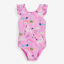 Load image into Gallery viewer, Pink Unicorn Frill Sleeved Swimsuit (3mths-5yrs)

