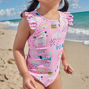 Pink Unicorn Frill Sleeved Swimsuit (3mths-5yrs)