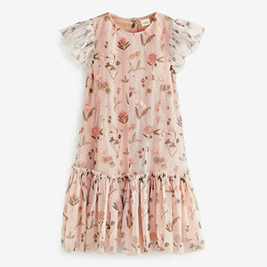 Pink Floral Sequin Embellished Mesh Party Dress (3mths-6yrs)