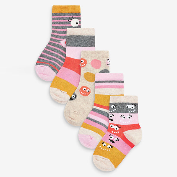 Pink/Grey 5 Pack Cotton Rich Monster Ankle Socks (Older Girls)