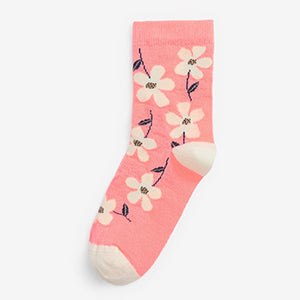 Neon Coral Pink 5 Pack Cotton Rich Floral Ankle Socks (Older Girls)