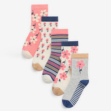 Load image into Gallery viewer, Neon Coral Pink 5 Pack Cotton Rich Floral Ankle Socks (Older Girls)
