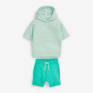 Mint Green Tonal Short Sleeve Hoodie And Shorts Set (3mths-5yrs)