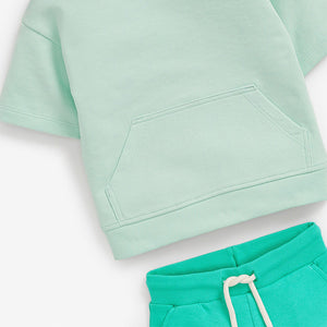 Mint Green Tonal Short Sleeve Hoodie And Shorts Set (3mths-5yrs)