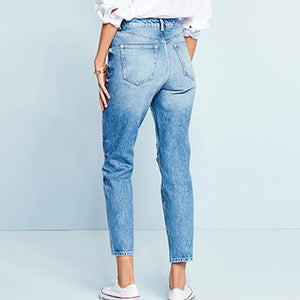 Mid Blue Wash Ripped Mom Jeans