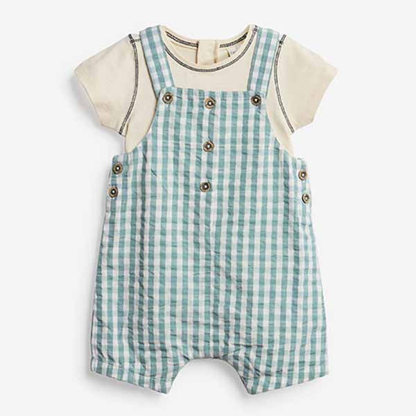 Baby Blue Check Woven 2 Piece Dungarees And Bodysuit Set (0mths-18mths)