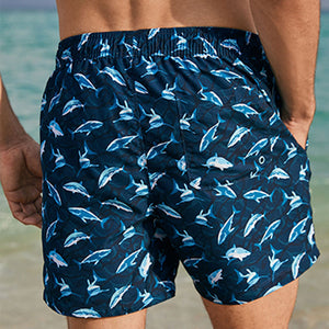 Navy Blue Shark Print Printed Swim Shorts