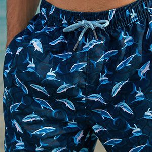 Navy Blue Shark Print Printed Swim Shorts