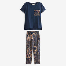 Load image into Gallery viewer, Navy Blue Animal Print Cotton Short Sleeve Pyjamas
